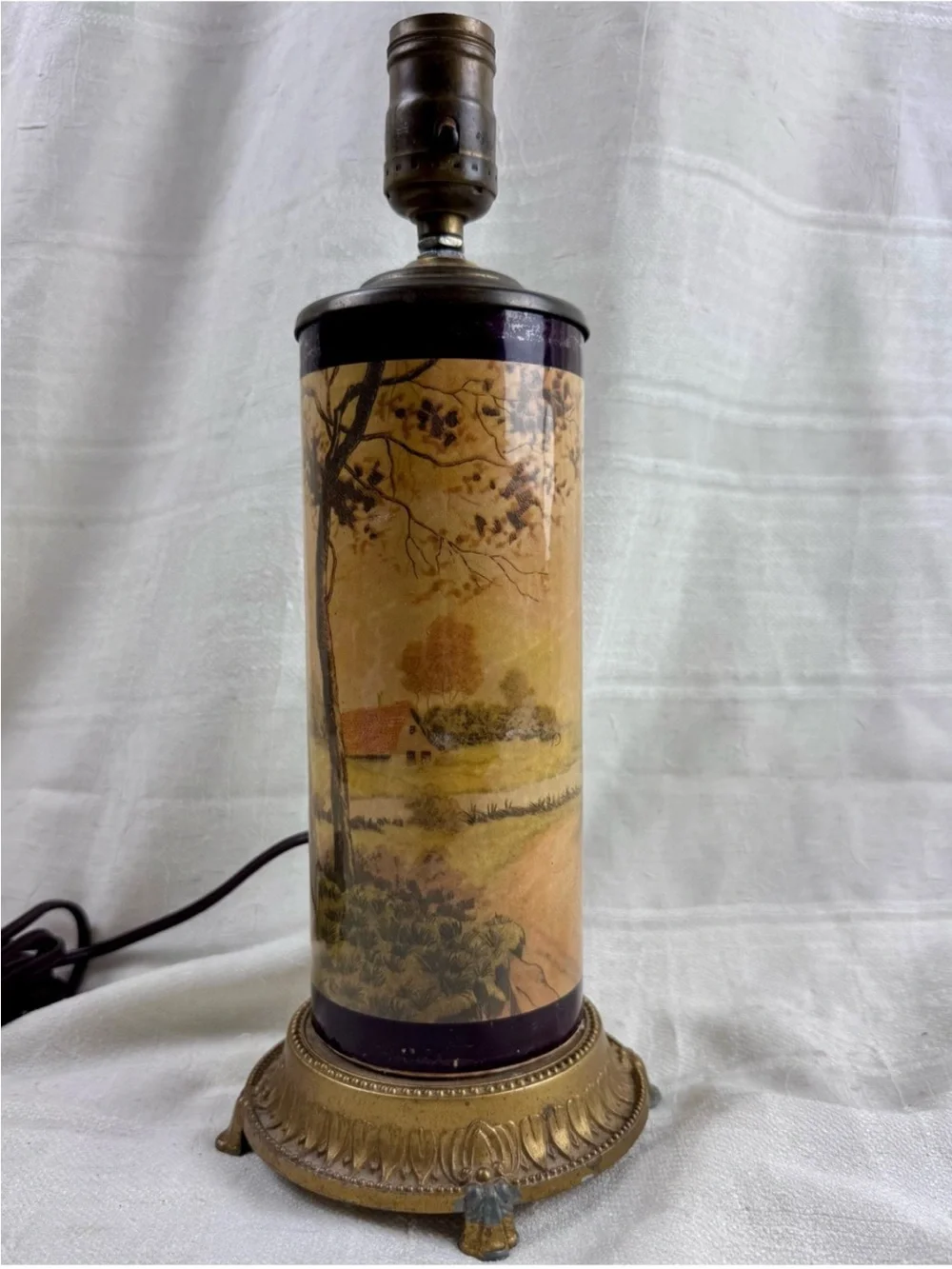Title: Vintage Phillipe Pastoral Scene Cylinder Table Lamp Gold Tone